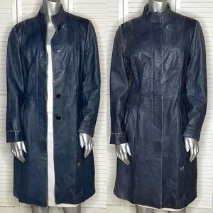 Vintage 2000s SUED MOD Y2K Distressed Blue Leather Trench Coat Mid-Length 40 4 S